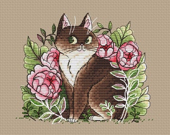 Cat and peonies cross stitch pattern cute cat with flowers