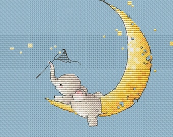 Newborn baby on the Moon cross stitch pattern elephant with butterfly net cross stitch