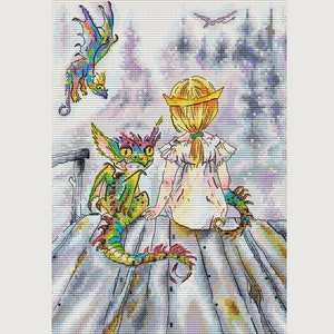 Girl with dragons cross stitch pattern