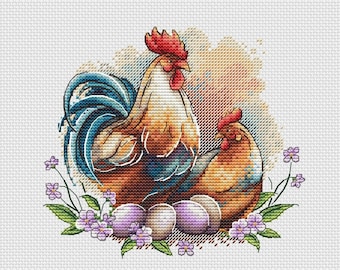 Hen with eggs cross stitch pattern