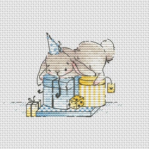 Carte d'anniversaire motif point de croix joyeux anniversaire lapin point de croix tas de cadeaux point de croix