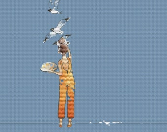 Girl painter cross stitch pattern artist cross stitch pattern girl with palette cross stitch pattern seagull cross stitch girl is drawing