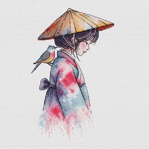 Op de afbeelding: Waterverfillustratie van een persoon in traditionele Aziatische kleding, met een conische hoed. Een kleine vogel zit op de schouder van de persoon. De outfit is voornamelijk blauw en rood, met een strik op de rug. De achtergrond is wit.
