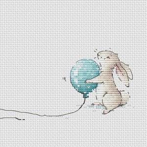 Bunny with big blue balloon cross stitch pattern happy bunny cross stitch