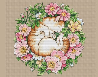 Ginger cat cross stitch pattern cat with flowers cross stitch floral wreath cross stitch sleeping cat cross stitch beautiful cross stitch
