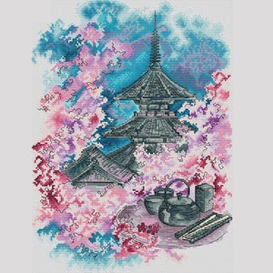 Sakura cross stitch pattern Japanese pagoda cross stitch
