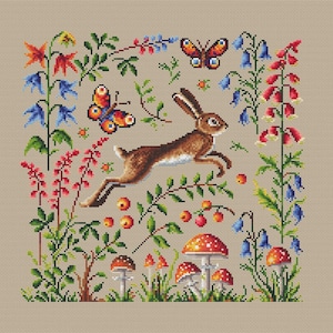 May include: Cross-stitch design featuring a brown hare leaping through a vibrant garden. The scene includes colorful flowers, butterflies, mushrooms, and berries, all set against a neutral background. The artwork is detailed and showcases a nature theme.