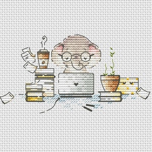 May include: A cartoon illustration of a grey elephant wearing glasses and working on a laptop. The elephant is surrounded by books, a cup of coffee, and a potted plant.