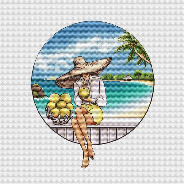 Girl with coconut cross stitch pattern tropical landscape cross stitch woman on vacation cross stitch woman with summer hat