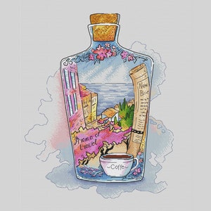 Può includere: Una bottiglia di vetro blu con un tappo di sughero riempita di una scena fantasiosa di una città, una tazza di caffè e una mappa arrotolata con il testo "New Bridge" e "Aroma of Travel".