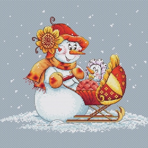 Snow baby cross stitch pattern mother with baby cross stitch baby carriage cross stitch baby snowman cross stitch Christmas cross stitch
