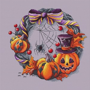 Halloween pumpkin wreath cross stitch pattern black wreath cross stitch