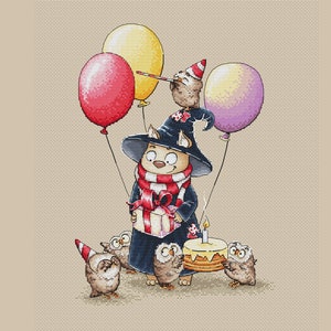 Birthday party cross stitch pattern cat magician cross stitch