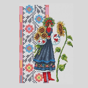 Ukrainian girl with sunflower cross stitch pattern