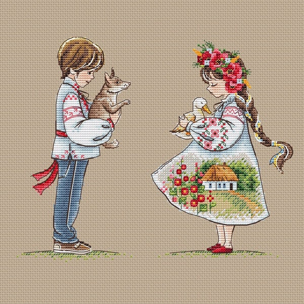 Ukrainian girl and boy cross stitch pattern set of 2 patterns