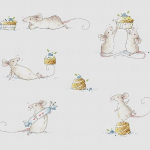 Puede incluir: Cinco adorables ratones de dibujos animados se representan en una ilustración caprichosa. Los ratones se muestran interactuando con varias golosinas, incluyendo cupcakes y caramelos. La ilustración está hecha en un estilo acuarela suave con un fondo claro.