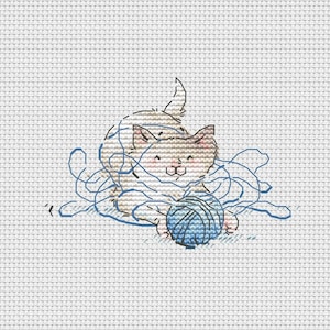 Happy kitten with blue yarn ball cross stitch pattern