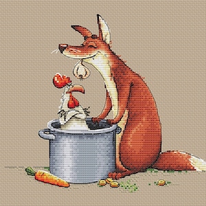 Fox dinner cross stitch pattern fox with chicken cross stitch