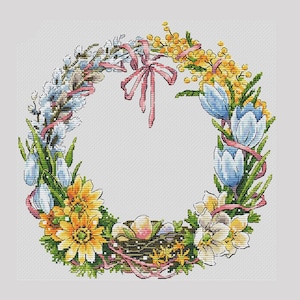 Spring flowers wreath cross stitch pattern