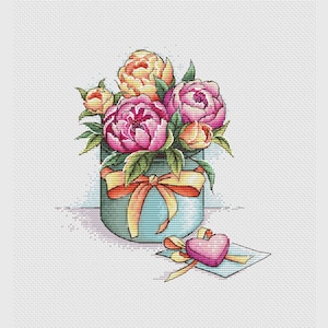 Gift box with peonies cross stitch pattern