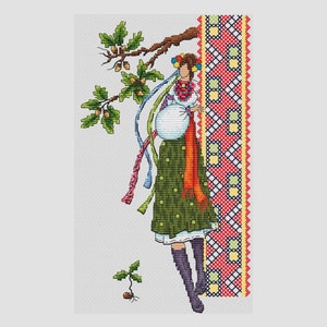 Girl with oak tree cross stitch pattern