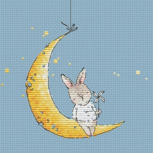 Buenas noches Conejito patrón punto de cruz conejo en la Luna conejito punto de cruz con molinete punto de cruz