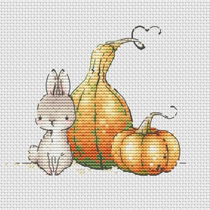Bunny with two pumpkins cross stitch pattern couple of pumpkins cross stitch cute Halloween cross stitch
