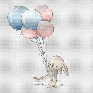 Bunny with pink and blue balloons cross stitch pattern baby birth record cross stitch