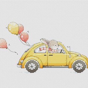 Hase fahren gelbes Auto Kreuzstichmuster Hase mit gelben Auto Kreuzstich