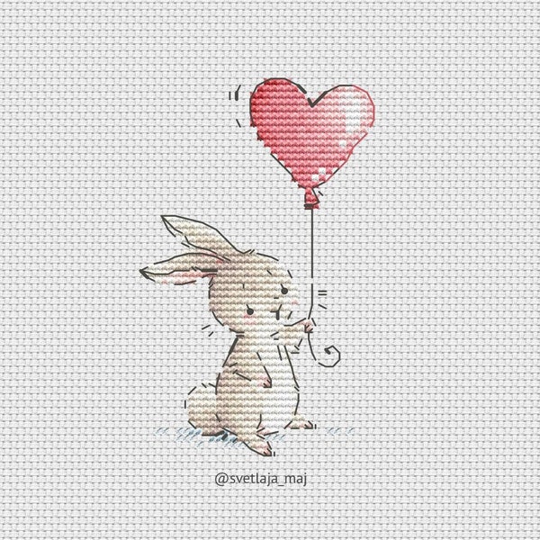 Bunny with heart balloon cross stitch pattern