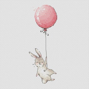 Rabbit with pink balloon cross stitch pattern baby bunny with balloon cross stitch