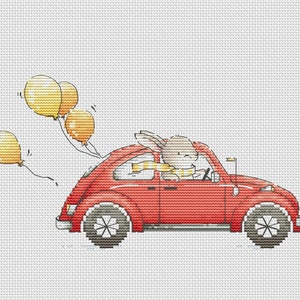 Bunny driving red car cross stitch pattern rabbit with red car cross stitch