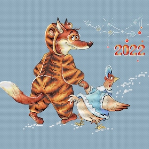 Christmas fox and chicken cross stitch pattern