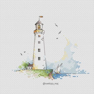 Lighthouse on the shore cross stitch pattern