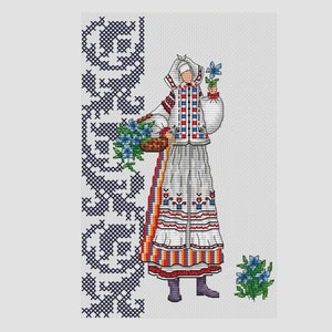 Woman with periwinkle cross stitch pattern