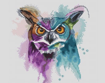 Watercolor owl cross stitch pattern
