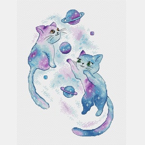 Space cats cross stitch pattern magic cats cross stitch fantasy cross stitch two kittens embroidery pattern star cat cross stitch