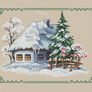 Hut in the snow cross stitch pattern