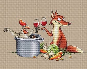 Może przedstawiać: Humorystyczna ilustracja przedstawia lisa i kurczaka wznoszących toast kieliszkami wina. Kurczak jest w garnku, a warzywa są rozrzucone. Lis jest pomarańczowy, a kurczak biały. Wino jest czerwone. Tło jest beżowe.