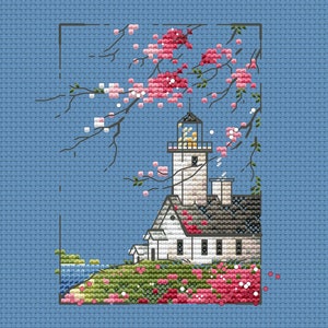Spring lighthouse cross stitch pattern lighthouse with blossom tree cross stitch sakura tree cross stitch