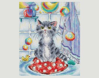 Cat with soap bubbles cross stitch pattern