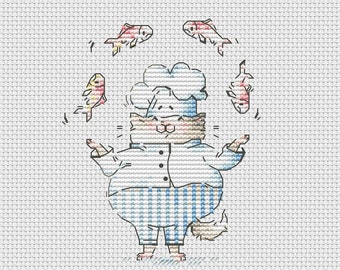 Cat with fish cross stitch pattern