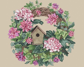 Summer wreath cross stitch pattern flower wreath cross stitch wreath with birdhouse  cross stitch pink flowers cross stitch wreath ornament