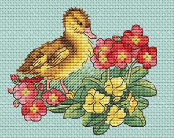 Little gosling cross stitch pattern goose with flowers cross stitch primrose cross stitch