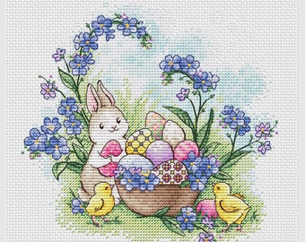 Basket with eggs cross stitch pattern Easter cross stitch bunny with chickens cross stitch