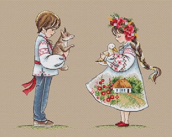 Ukrainian girl and boy cross stitch pattern set of 2 patterns