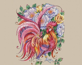 Rooster with roses cross stitch pattern