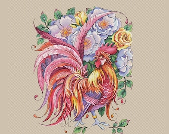 Rooster with roses cross stitch pattern