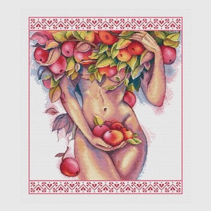 Woman with apples cross stitch pattern