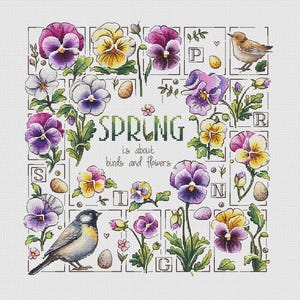 Pode incluir: Design de ponto cruz com coloridas amores-perfeitos em roxo, amarelo e branco, com folhas verdes e pequenos pássaros. O texto "SPRING is about birds and flowers" está centralizado. O design está sobre um fundo branco.